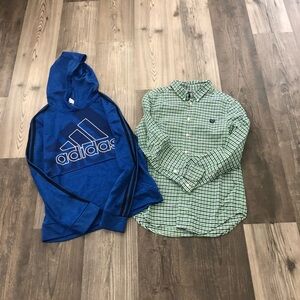 Chaps Green Plaid Button Down and Adidas Blue Hoodie Sweatshirt large 14/16 boys